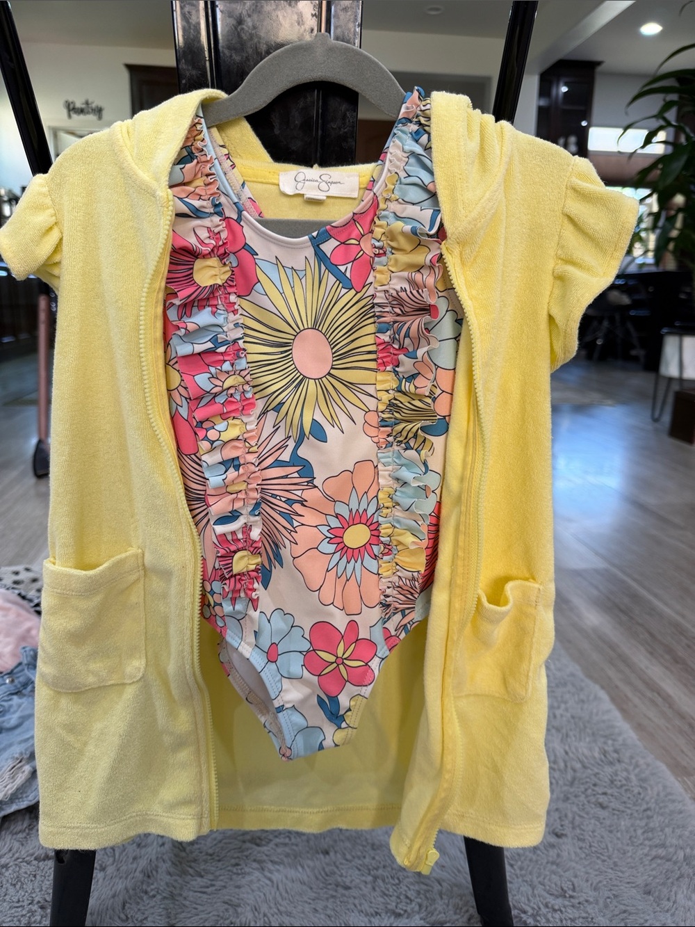 Jessica Simpson Yellow Hooded Kids One-Piece Swimsuit with Floral Ruffle